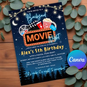 Editable Backyard Movie Night Birthday Birthday Invitation, Movie Night Birthday Party, Cinema Birthday Invite, Canva Printable Template