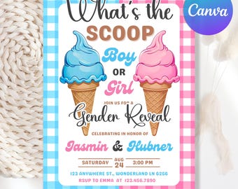 May include: A gender reveal invitation with a blue and pink gingham border. The invitation features ice cream cones with blue and pink scoops, and the text "What's the Scoop? Boy or Girl?" The Canva logo is in the upper right corner.