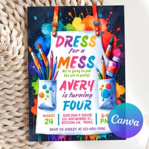 Może przedstawiać: Kolorowe zaproszenie na przyjęcie urodzinowe dla dziecka. Zaproszenie przedstawia akwarelę przedstawiającą fartuch artystyczny z pędzlami, farbami i ołówkami. Tekst na zaproszeniu brzmi: "Dress for a Mess, We're going to put the art in party! Avery is turning Four, August 24, 3-5 PM, Adelina's House, 123 Anywhere St., Boston LN. 91083, RSVP to Ashley at 123-456-7890".