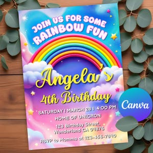 Invitación de cumpleaños de arcoíris editable, fiesta de arcoíris para niñas, invitación de cumpleaños de arcoíris, arcoíris de diversión, plantilla Canva de invitación de cumpleaños para niñas