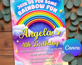 Editable Rainbow Birthday Invitation, Girls Rainbow Party, Rainbow Birthday Invite, Rainbow of fun, Girls Birthday Invitation Canva Template
