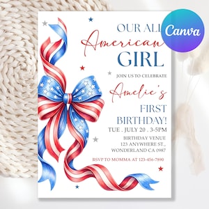 May include: A white invitation card with red, white, and blue ribbon and bow design. The text reads "Our American Girl" and announces a first birthday party. Includes the name "Amelie's", date, time, venue, and RSVP information.