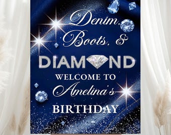 Panneau de bienvenue modifiable en denim et diamants, panneau de bienvenue denim et diamants, denim, bleu jean, glam, affiche de bienvenue, modèle de toile