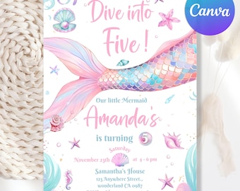 Dive into Five 5th Birthday, Editable Mermaid Invitation, Mermaid Bash Under the Sea Birthday Invite, Mermaid Party Invite, Canva Template