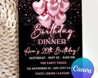 Invitación editable a una cena de cumpleaños rosa, invitación a una cena de cumpleaños, fiesta rosa, invitación digital para una fiesta de cumpleaños, plantilla imprimible de Canva