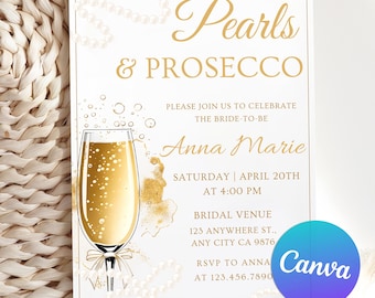 Editable Pearls and Prosecco Bridal Shower Invitation Template, White Pearl Bridal Shower Invite, Elegant Bridal Shower, Canva Template