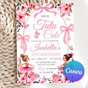 Editable Ballerina Tutu Cute Birthday Invitation, Second Birthday Girl Invite, Ballet Theme Modern Girl Birthday Invitation Canva Template