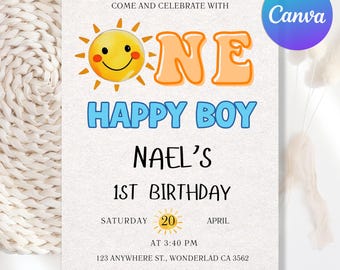 Editable One Happy Boy Birthday Invite, Sunshine Invitation, Sun Boy 1st Birthday Invitation, One Happy Boy 1st Birthday Boy, Canva Template