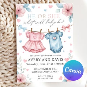 Invitación editable para revelar el género del bebé con ropa rosa o azul. ¿Quién será el bebé? Invitación sorpresa para revelar el género del bebé. Plantilla de Canva.