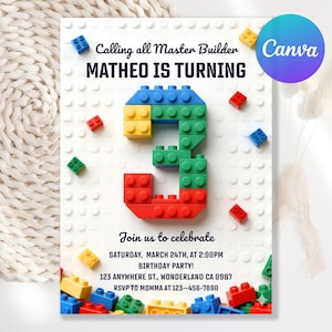 Può includere: Un invito di compleanno con un numero 3 in stile Lego in rosso, giallo, verde e blu. L'invito recita "Calling all Master Builder" e "MATHEO IS TURNING". Ulteriori testi forniscono dettagli sulla festa e informazioni RSVP.