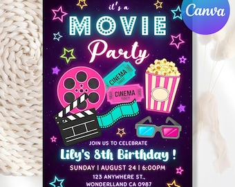May include: A movie-themed birthday party invitation with a dark purple background. The design includes a film reel, clapperboard, popcorn, 3D glasses, and cinema tickets. The text reads "It's a Movie Party" and "Lily's 8th Birthday!"