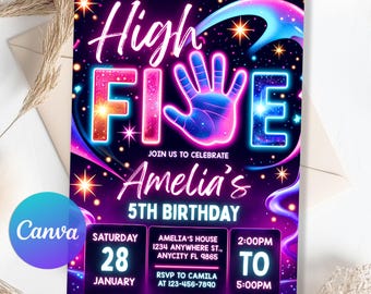 Editable High Five Birthday Invitation, Neon Glow High 5 Boy Birthday Party for 5th Birthday, High Five Boy Birthday Invite, Canva Template