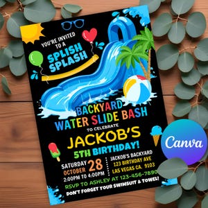 May include: A black and colourful invitation for a backyard water slide bash to celebrate Jakob's 5th birthday. The invitation features a cartoon water slide, a beach ball, a popsicle, and an ice cream cone. The text on the invitation reads "You're invited to a Splish Splash Backyard Water Slide Bash to celebrate Jakob's 5th Birthday!"  Saturday, October 28, 2:00pm to 4:00pm. RSVP to Ashley at 123-456-7890. Don't forget your swimsuit & towel!"