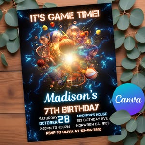 All Sport Birthday Invitation, All Star Sport Theme Flayer Neon Glow Sports Invite, Canva Editable Any age Sport Invitation Template