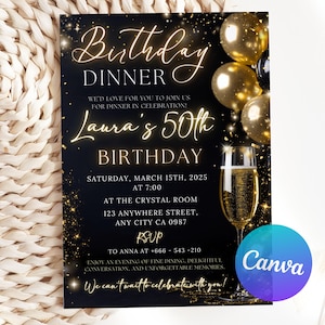Editable Birthday Dinner Invitation Template, Dinner Birthday Party, Black Tie Glam Birthday Dinner Invitation Printable Canva Template