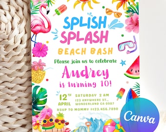 Peut inclure: Une invitation colorée pour une fête d'anniversaire sur le thème de la plage. L'invitation présente un flamant rose, un soleil jaune, une sucette bleue et rose, une pastèque, un ananas et le texte "Splish Splash Beach Bash" et "Audrey a 10 ans !"