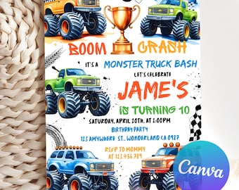 May include: A colorful invitation for a monster truck-themed birthday party. The design features illustrations of monster trucks in orange, green, yellow, and blue, along with the text "BOOM CRASH" and "Jame's is turning 10".