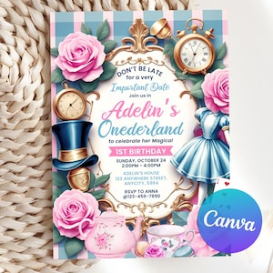 Peut inclure: Carte d'invitation colorée sur le thème d'Alice au pays des merveilles. Elle présente des roses roses, des horloges et un chapeau haut de forme bleu. Le texte annonce un 1er anniversaire avec "Adelin's Onederland", la date, l'heure et le lieu. Le design est fantaisiste.