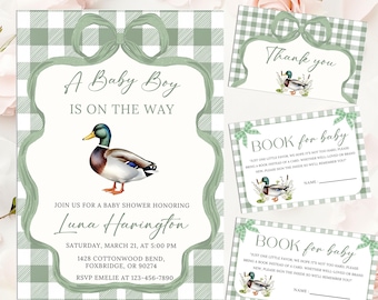 Baby Boy Mallard Duck Baby Shower Invitation, Mallard Duck Baby Shower Invite, Boy Hunting Duck Baby Shower Invitation, Editable Canva