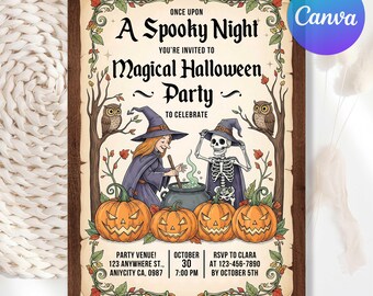 May include: A vintage-style Halloween party invitation with a spooky theme. The design features a witch, a skeleton, carved pumpkins, and owls. The text reads "A Spooky Night, Magical Halloween Party". Includes party details.
