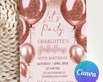 Invitación de cumpleaños editable en oro rosa, invitación para 40 cumpleaños en oro rosa, invitación para 50 cumpleaños en oro rosa con globos en oro rosa, plantilla de Canva