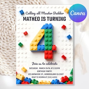 Puede incluir: Una invitación de cumpleaños con un fondo blanco y bloques de construcción coloridos. El número 4 está construido con bloques azules, verdes, amarillos y rojos. El texto incluye "Calling all Master Builder" y "MATHEO IS TURNING".