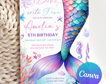 Invitación editable para el quinto cumpleaños de sirena "Sumérgete en cinco". Morado, azul y rosa bajo el mar. Invitación a fiesta de sirenas. Plantilla de invitación de Canva.