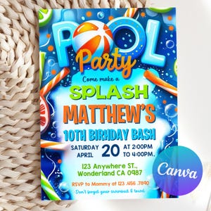 Redigerbar inbjudan till poolparty, inbjudan till sommarfödelsedagsfest, e-inbjudan till poolparty, badfest, tropiskt födelsedagsfest, Canva-mall