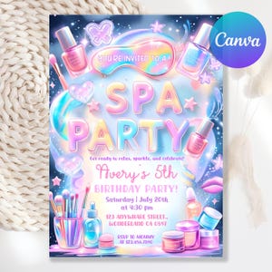 May include: A spa party invitation with a colorful design. The invitation features nail polish bottles, makeup brushes, and the text "SPA PARTY". The invitation is for Avery's 5th birthday party.