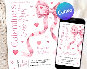 May include: A pink Galentine's Girls Night invitation with a large bow and heart accents. The invitation includes event details, date, time, and location. A smartphone displays the same invitation. The Canva logo is visible.