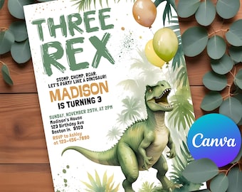 May include: A green dinosaur with a white background. The dinosaur is holding balloons. The text on the invitation reads "Three Rex Stomp, Chomp, Roar. Let's party like a dinosaur! Madison is turning 3 Sunday, November 25th, at 2PM Madison's House 123 Birthday Ave Boston In. 9103 RSVP to Ashley at 123-456-7890"
