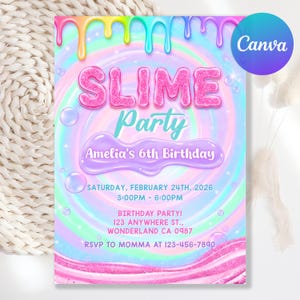 Pode incluir: Um convite colorido para uma festa de aniversário com tema de slime. O design apresenta slime pingando em cores do arco-íris na parte superior, com as palavras "SLIME Party" em rosa e turquesa. O convite é para o 6º aniversário de Amelia, com a data e hora listadas.