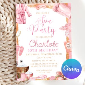 Bewerkbare verjaardagsuitnodiging spa meisjes, uitnodiging spa feest, verwennerij Glam verjaardagsfeestje, Tween verjaardagsfeestje spa uitnodigen, Canva-sjabloon