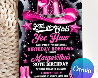 Invitación editable de cumpleaños con temática de vaquera disco rosa, invitación glam country western, invitación para fiesta de cumpleaños con vaquera, plantilla de Canva