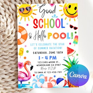 Plantilla editable de invitación de despedida de escuela y fiesta en la piscina, invitación para fiesta de fin de curso en la piscina, plantilla imprimible de Canva
