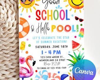 Editable Goodbye School Hello Pool Invitation template, End Of School Pool Party Invite, Pool Party Invitation, Printable Canva Template