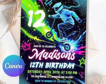 May include: A vibrant birthday invitation with a neon color scheme. The design features a person on a scooter, the number 12, and the name "Madison's". The invitation includes event details: date, time, and location.