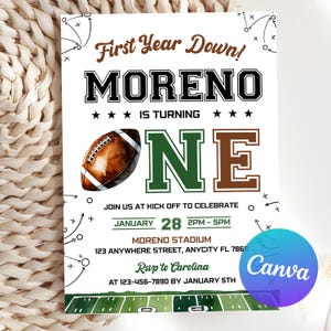 Editable Football Birthday Invitation, First Year Down, Football Birthday, First Birthday Invite, Boy 1st Birthday, Game Om, Canva Template