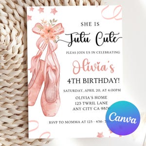 Ballet Shoes Birthday Invitation, Ballerina Birthday Party, Pink Ballet Shoes Ballerina Birthday, Tutu Cute Invite, Canva Editable Template