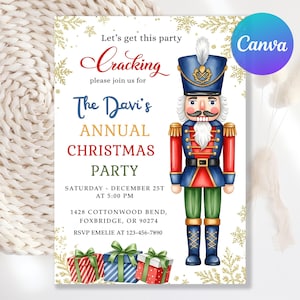 May include: A festive Christmas party invitation featuring a watercolor illustration of a nutcracker soldier. The invitation includes the text "Let's get this party Cracking" and details for The Davi's Annual Christmas Party, including date, time, and location.