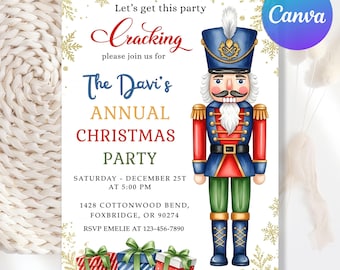 Puede incluir: Una invitación festiva para una fiesta de Navidad con una ilustración de acuarela de un soldado cascanueces. La invitación incluye el texto "Let's get this party Cracking" y detalles para la fiesta anual de Navidad de The Davi, incluyendo fecha, hora y lugar.
