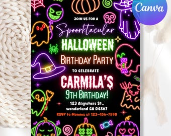 Editable Neon Halloween Birthday Invitation, Halloween Invitation, Kids Halloween Birthday, Halloween Spooky Party Invite, Canva Template