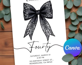 Invitación de cumpleaños editable con lazo negro, elegante invitación para el 40.° cumpleaños, invitación minimalista con lazo negro, plantilla Canva con lazo negro