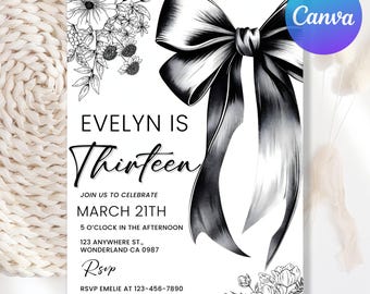 Black Bow Birthday Invitation, Coquette 13th Birthday Invitation, Black Ribbon Coquette Any Age Birthday Party, Editable Canva Template