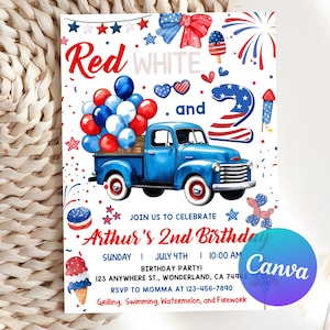 Red White and Two Birthday Invitation, 4th of July 2nd Birthday Party, Truck Boy Red white and Two Drive, Fourth July Invites Canva Template