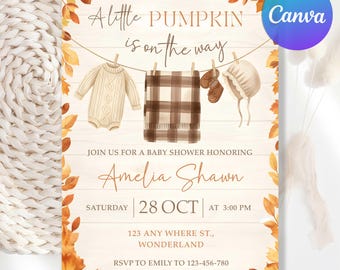 Editable Fall Pumpkin Baby shower Invitation, Baby Clothes Fall Baby Shower Invite, Pumpkin Invitation, Autumn Baby Shower, Canva Template