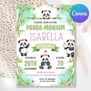 May include: A panda-themed birthday invitation with the text "Panda-monium Isabella is turning 5." The invitation features panda illustrations, bamboo, and pink flowers. The date and time are also included.