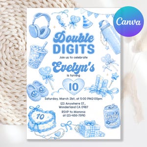Könnte beinhalten: Blaue Aquarell-Geburtstagseinladung mit dem Text "Double Digits" und "Evelyn wird 10". Die Einladung enthält Illustrationen von Kopfhörern, einem Getränk, Hausschuhen, einem Kuchen und einem Geschenk.