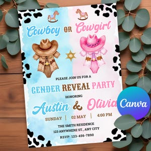 Invito modificabile per rivelare il sesso del cowgirl o del cowboy, lui o lei, stivali o fiocchi, invito per rivelare il sesso del ragazzo o della ragazza western, modello stampabile Canva