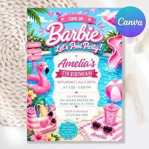 Op de afbeelding: Een rechthoekige uitnodiging voor een zwembadfeest met een felblauw zwembad, een roze flamingo-opblaasband, een roze glijbaan en een gestreepte strandtas. De tekst luidt: Come on Barbie Let's Pool Party! Amelia's 7th Birthday, Saturday July 20th.